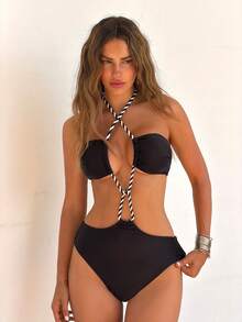 Traje de baño de una pieza Bonvoyette, de unicolor, con tela de textura especial, decoración de cuerda, sin tirantes, traje de baño sexy para mujer, primavera/verano - Negro - Ver 4