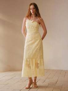 MOTF PREMIUM WOMEN'S FLORAL EMBROIDERY BANDEAU DRESS - Pale Yellow - View 4