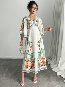 Al Najma Women's V-Neck Ruffle Hem Printed 3/4 Sleeve A-Line Dress - Multicolor - View 3