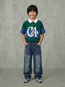 Casuvi Kids Casual & Fashionable, Retro American College Style Striped Tween Boys Polo Shirt, Large M Letter Print Design On Chest, Contrast White Collar, Blue & Green Striped Body, Suitable For School, Commute, Casual, Party Occasions Pullover Shirt Boy Boy Clothes Casual Boy Clothes - Green - View 1