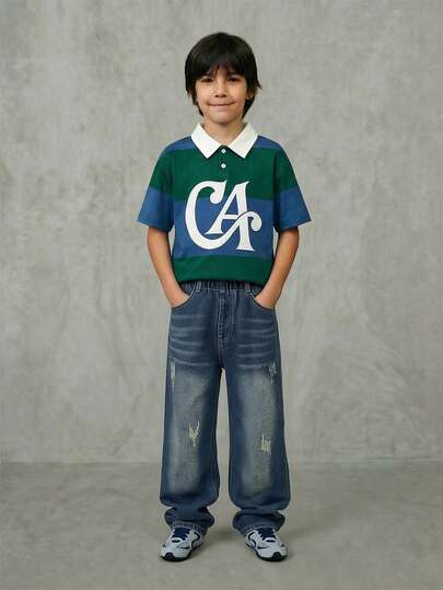 Casuvi Kids Casual & Fashionable, Retro American College Style Striped Tween Boys Polo Shirt, Large M Letter Print Design On Chest, Contrast White Collar, Blue & Green Striped Body, Suitable For School, Commute, Casual, Party Occasions Pullover Shirt Boy Boy Clothes Casual Boy Clothes