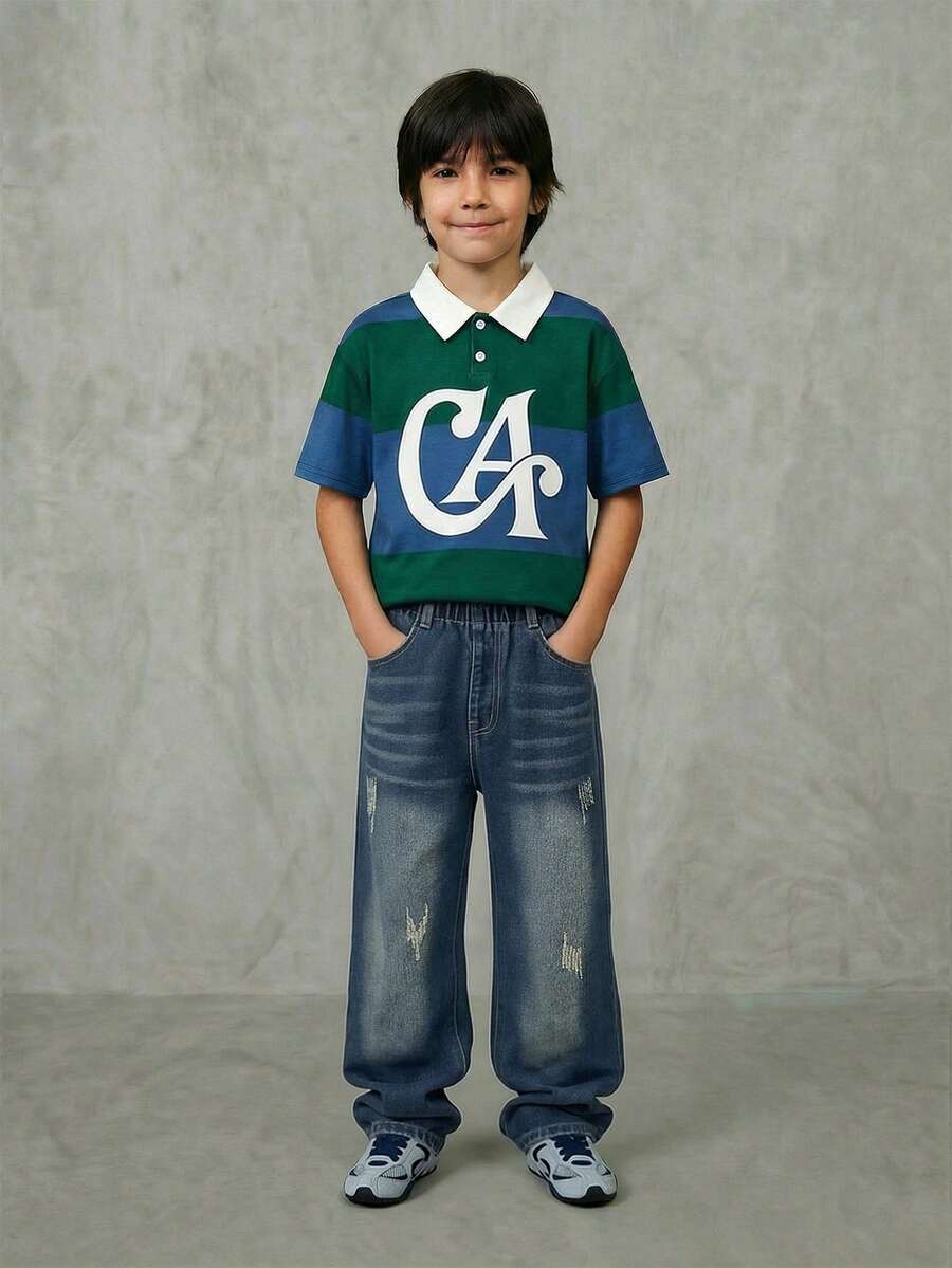 Casuvi Kids Casual & Fashionable, Retro American College Style Striped Tween Boys Polo Shirt, Large M Letter Print Design On Chest, Contrast White Collar, Blue & Green Striped Body, Suitable For School, Commute, Casual, Party Occasions Pullover Shirt Boy Boy Clothes Casual Boy Clothes - Green - View 1
