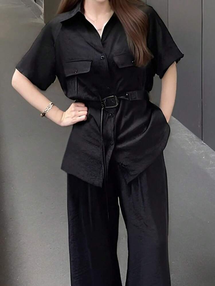 2pcs/Set Women's Elegant Belted Top And Wide Leg Pants Suit, Fashionable Loose Fit Slimming Two Pieces Outfit