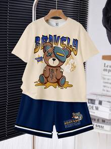 SHEIN 男童休闲简约T恤套装，经典时尚卡通朋克熊图案印花，机械未来科技金属熊图案印花，适合春夏穿着 - 彩色 - 查看 2
