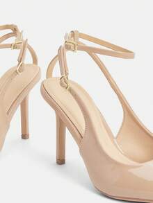 Glitzique 新款女士尖头高跟凉鞋，米色漆皮材质，露背穆勒鞋，细高跟鞋，性感派对/办公室鞋，春夏 - 米色 - 查看 5