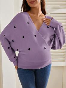 SHEIN Maternity Contrast Color Heart Print V-Neck Long Sleeve Sweater - Purple - View 7