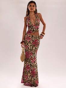 SHEIN BAE Conjunto ajustado con estampado de leopardo y espalda descubierta - Café integral - Ver 3