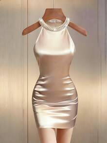 Franclia Sexy Bodycon Round Neck Beaded Off-Shoulder Cinched Waist Knit Satin Romantic Vacation Commute Dress For Women - Apricot - View 1