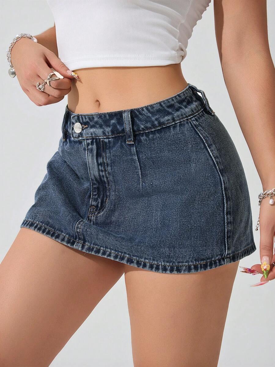 SHEIN ICON Rok Denim Pendek Kasual Warna Polos Wanita dengan Lubang Sabuk, Modis untuk Musim Panas - Biru - View 1