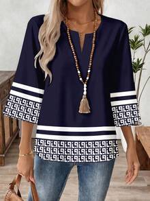 EMERY ROSE 女士七分袖V领工作衬衫，春秋季 - 藍色 - 查看 3