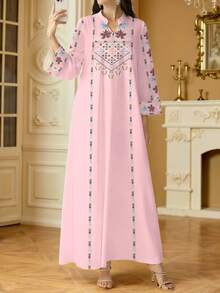 SHEIN Najma Women's Floral Digital Print Elegant Long Sleeve Robe With Stand Collar, Spring/Autumn - Multicolor - View 3