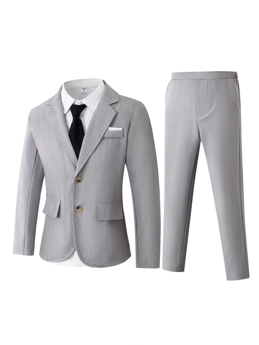 SHEIN 男童两件套西装,灰色单排扣西装外套+配套西裤,柔和的灰色调,适合婚礼等场合,修身剪裁 - 灰色 - 查看 1