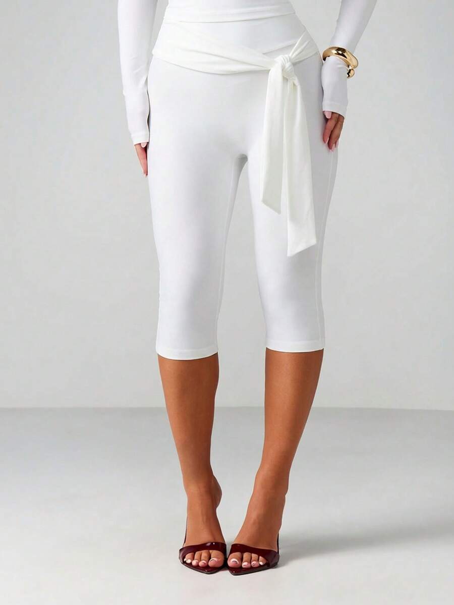 MISSGUIDED High Waist Capri Pants With Tie Belt Detail Cropped Trousers For Summer Casual Wear - White - View 1