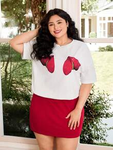 SHEIN EZwear 2026 Spring & Summer Valentine's Day Vacation New Style Casual Outdoor Daily Casual Party Date Music Festival Back To School New Year Comfortable Style White Short Sleeve T-Shirt With Plant Heart Print & Red Elastic Fitted Short Skort Contrast Color Plus Size 2-Piece Set - Multicolor - View 5