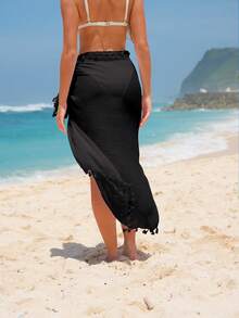 Swim Vcay Summer Beach Tassel Knot Side Cover Up Skirt - Black - View 2