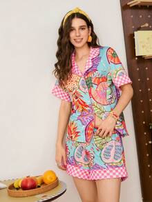 时尚亮丽水果印花菠萝领女士睡衣套装，适合度假穿着 - 彩色 - 查看 5