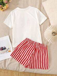 SHEIN Bộ đồ ngủ 2 món cho bé gái, gồm áo thun ngắn tay cổ tròn thắt nơ và quần short kẻ sọc, chất liệu mềm mại, thoải mái, màu đỏ. - Đỏ - Xem 2