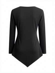 女士黑色不对称下摆长袖 T 恤 - 黑色 - 查看 2