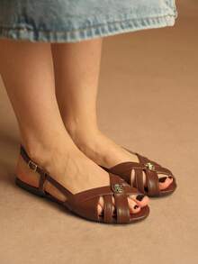 Rosivie French Elegant Suede Camellia Buckle Women's Sandals , Round Toe Flat Heel ,Hollow Out Back Strap ,Fashionable Beach & Commute Vacation Shoes Summer Shoes - Chocolate Brown - View 2