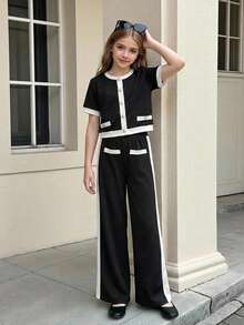 SHEIN 少女撞色滚边圆领短袖T恤和裤子优雅套装 - 黑色 - 查看 2