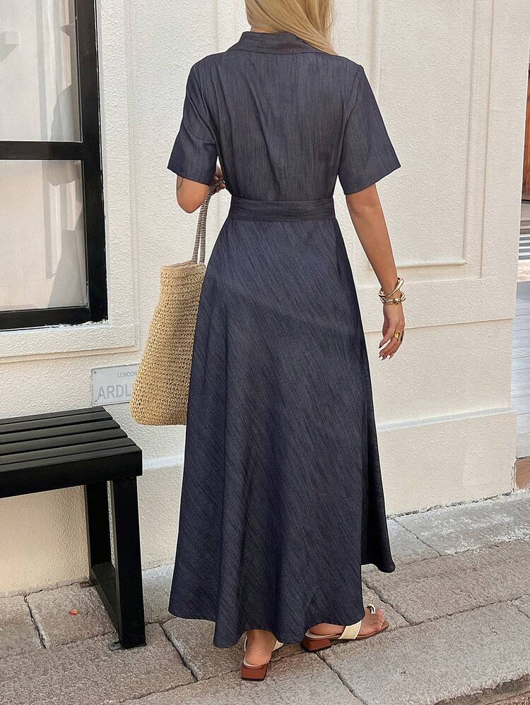 Collared Long Sleeve Cinched Waist Casual Mid-Length Dress For Women Sundress