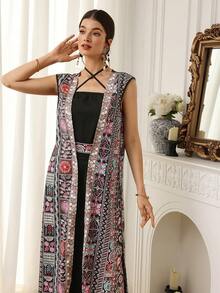 Al Najma Women's Summer Beach Vacation Patchwork Print Sleeveless Long Jacket And Criss-Cross Halter Dress Set - Black - View 4