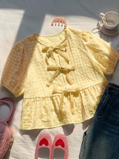 Comfortcana Women's Yellow Short Sleeve T-Shirt, Minimalist Fashion Casual Daily Style Yellow Doll Shirt, Yellow Bow Top, Yellow Ruffle Hem Top, Yellow Blouse