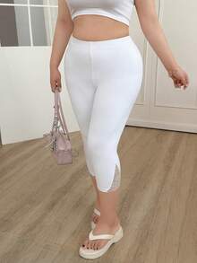 SHEIN EZwear 大码女式纯色蕾丝拼接休闲百搭日常穿着打底裤 - 白色 - 查看 4