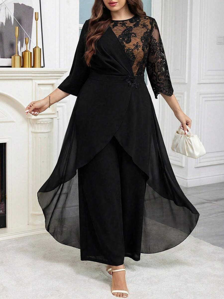 Reflora 大码优雅撞色蕾丝直筒连体裤，秋季 - 彩色 - 查看 1