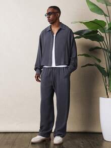 SUMWON Classic Button Front Linen Shirt And Drawstring Pants Matching Two Piece Set Relaxed Fit Casual Summer Outfit Breathable Natural Fabric Leisure Wear - Grey - View 3