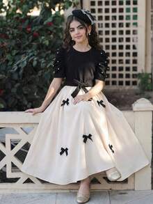 少女时尚蝴蝶结针织短袖连衣裙 - 黑與白 - 查看 2