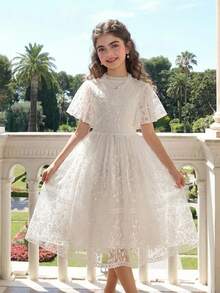 SHEIN Tween Girl Elegant Lace Party Birthday Princess Dress, School, Campus, College - White - View 1