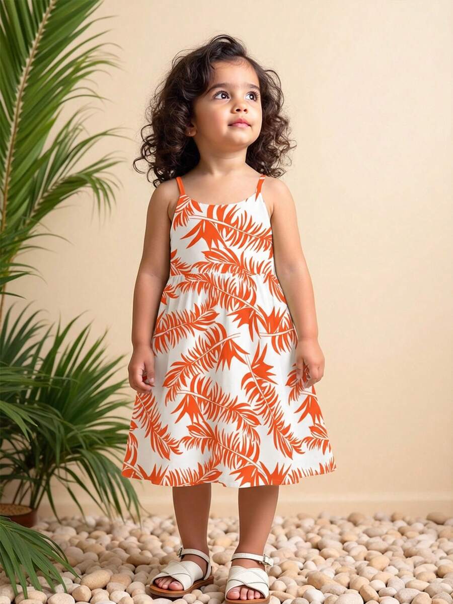 1pc Tropical Holiday Style Orange & White Palm Leaf Print Sleeveless Dress For Baby Girls 6 Months - 2-3 Years Old, Lightweight Fabric, Fresh Island Vibe Sundress For Summer Beach Wear - Multicolor - View 1