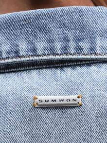 SUMWON 男士宽松短袖牛仔衬衫，金属孔眼细节，纽扣开襟，休闲夏季街头风上衣 - 藍色 - 查看 7