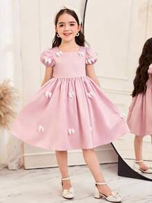 SHEIN Đầm dệt màu trơn cổ vuông tay phồng trang trí nơ cho bé gái - Hồng - Xem 5