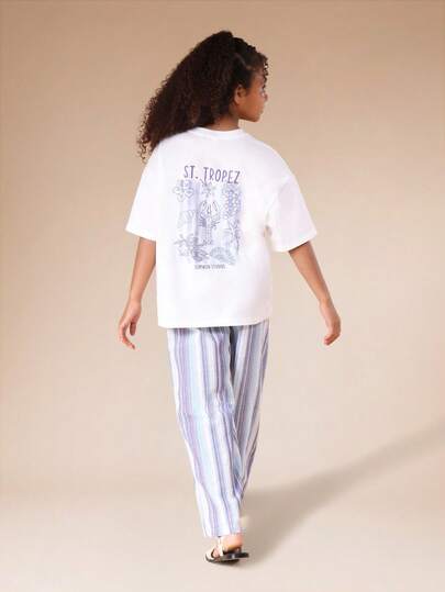 SUMWON Seashell Print Oversized T-Shirt With Striped Wide Leg Pants Tween Coordinated Summer Beach Set