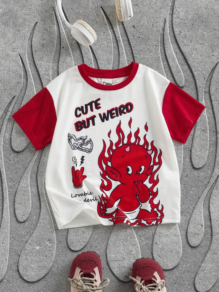 SHEIN HOT STUFF Young Boy Casual Cartoon & Letter Graphic Colorblock Round Neck Short Sleeve T-Shirt, Summer - White - View 1