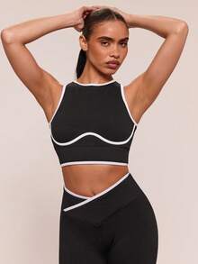 SHEIN BAE Damski krótki top z asymetrycznym stanem i legginsami sportowymi, zestaw do ćwiczeń na siłownię, strój fitness, zestaw legginsów do ćwiczeń, żebrowany zestaw do ćwiczeń dla kobiet - Czarne - Zobacz 6