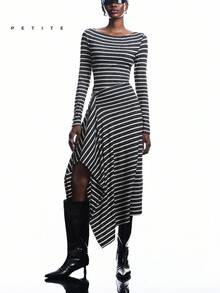 LYSMO Petite 2026 New Arrive Minimalism Spring/Summer Women's Balck And White Stripe Fashion Asymmetrical Hem Long Dress Spring Outfit Women Business Casual Office Outfits Going Out Dress - Grey - View 7