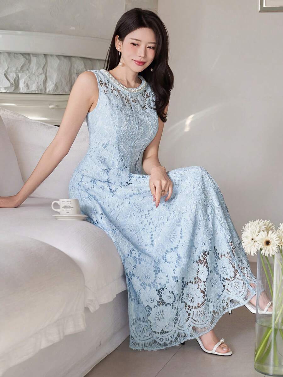 DAZY 女士优雅蕾丝镂空蓝色仿珍珠水钻装饰无袖中长连衣裙,夏季婚礼宾客礼服 - 藍色 - 查看 1