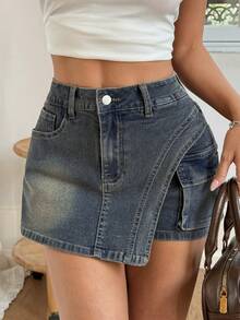 Rivivi Women's Casual Fashion Street Daily Commute Flap Pocket Asymmetrical Hem Denim Shorts, Summer - Dusty Blue - View 1