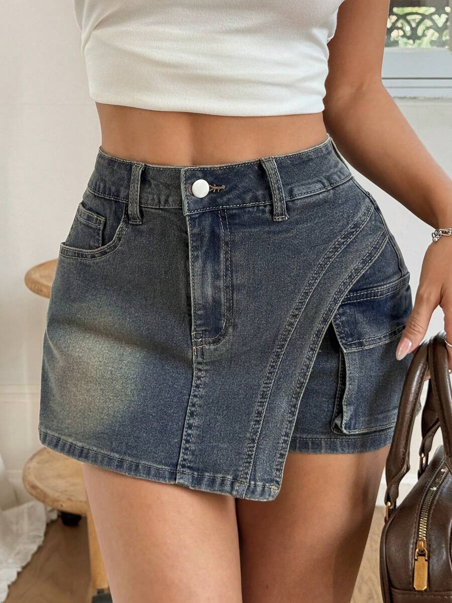 Rivivi Women's Casual Fashion Street Daily Commute Flap Pocket Asymmetrical Hem Denim Shorts, Summer - Dusty Blue - View 1