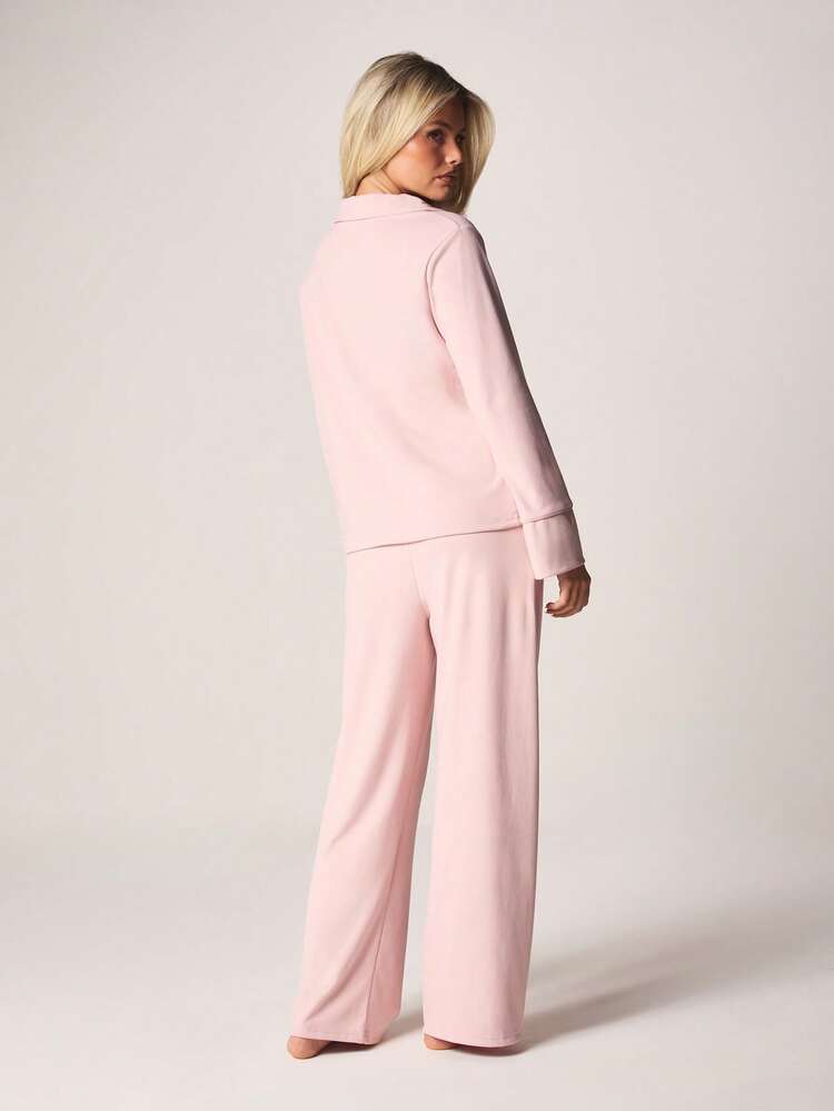 MISSGUIDED Weich anzufühlende Knopfverschluss Langarm Pyjama Hemd und Weite Bein Hose Set Nachtwäsche Loungewear