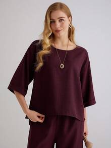Parysyn Bộ đồ nữ cỡ lớn màu trơn cổ tròn tay lửng và quần ống rộng, kiểu dáng thường ngày, gồm 2 món. - Màu đỏ tím - Xem 7