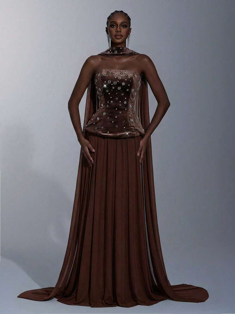 Elitara 优雅、浪漫、性感、简约、弹力丝绒面料、网纱拼接、水钻点缀、垂坠亮片装饰、加大码连衣裙、时尚、节日、度假、生日派对、婚礼、正式晚宴礼服 - 咖啡棕 - 查看 1