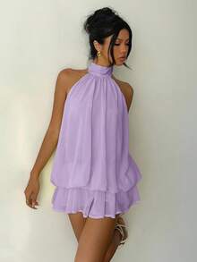 Aloruh Women's Casual Elegant Lavender Halter Neck Sleeveless A-Line Mini Dress With Button Detail Flowy Short Beach Party Outfit Summer - Lilac Purple - View 8