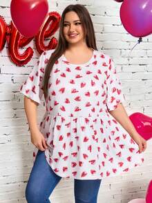 SHEIN CURVE+ CURVE PLUS /Valentine's Day/Plus Size Women's Casual Waffle Knit Ruffle Sleeve Black T-Shirt - Multicolor - View 3