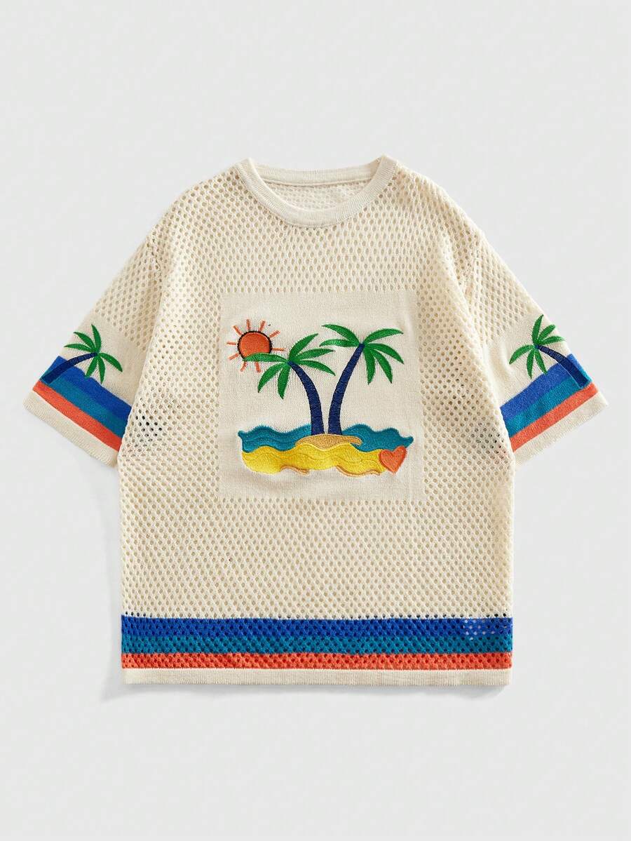 ROMWE MEN 男士圆领椰树刺绣针织衫，海岛度假 - 米色 - 查看 1