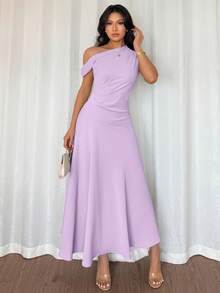 Elenzga Women's Elegant Chiffon Asymmetric Ruffle Collar Dress, Fashionable And Graceful For Summer Occasions Like Graduation, Independence Day, Date, Vacation - Purple - View 3