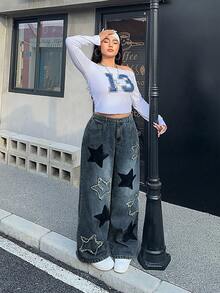 SHEIN ICON 大码星形贴花斜插口袋休闲牛仔裤 - 霧霾藍 - 查看 7